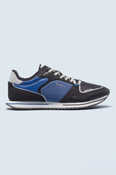 Pepe Jeans London, Pantofi sport low-top cu accente colorblock, Gri antracit/Albastru Pepe Jeans London, Pantofi sport low-top cu accente colorblock, Gri antracit/Albastru