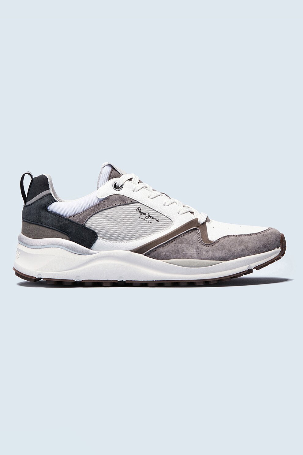 Pepe Jeans London, Pantofi sport low-top cu accente cu model colorblock Trail, Alb/grej/maro inchis
