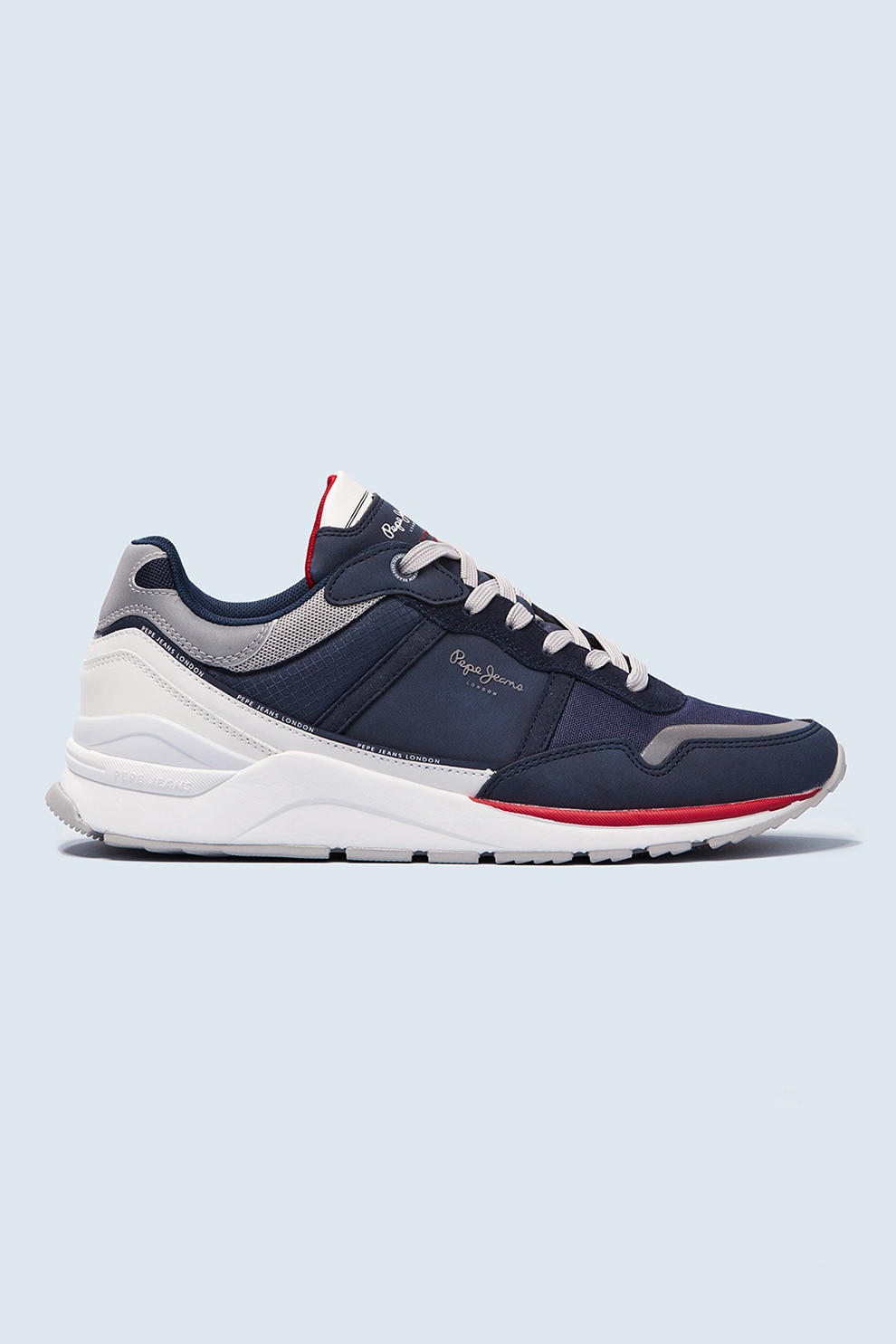 Pepe Jeans London, Pantofi sport cu model colorblock si garnituri de piele intoarsa, Bleumarin/ Gri