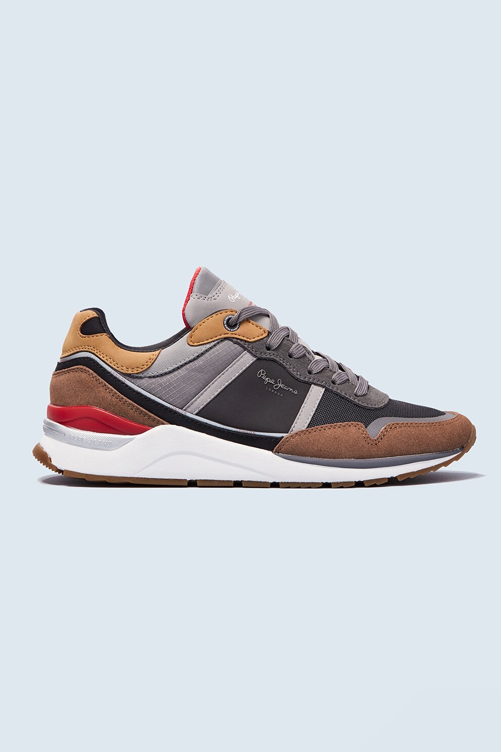 Pepe Jeans London, Pantofi sport cu garnituri de piele ecologica si piele intoarsa, Gri inchis/Maro scortisoara