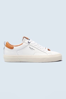 Pepe Jeans London, Pantofi sport de piele cu imprimeu logo, Alb/Maro caramel Pepe Jeans London, Pantofi sport de piele cu imprimeu logo, Alb/Maro caramel