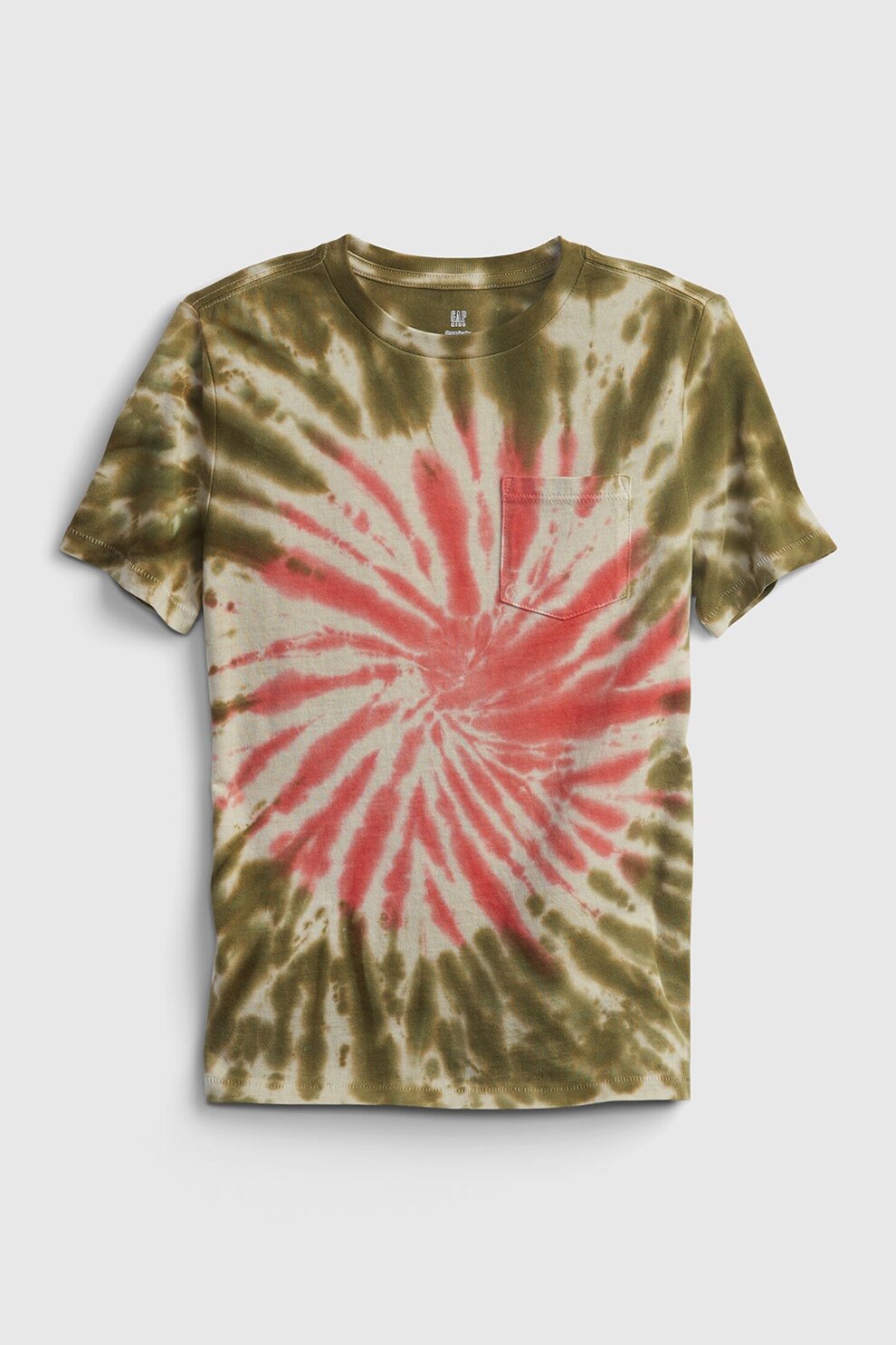 GAP, Tricou cu decolteu la baza gatului si imprimeu tie-dye, Verde forest/Alb prafuit/Rosu