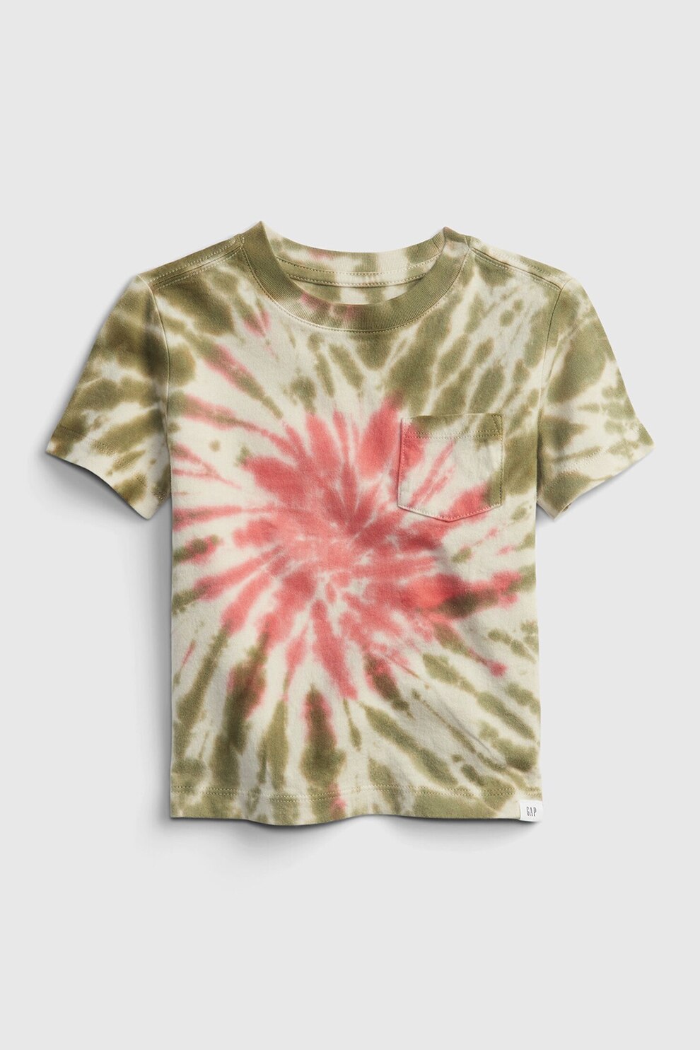 GAP, Tricou cu imprimeu si buzunar aplicat pe piept, Verde militar/Alb prafuit/Corai