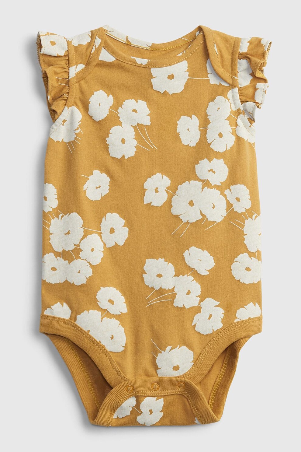 GAP, Body de bumbac organic cu imprimeu si maneci cu volane, Galben sofran/Alb