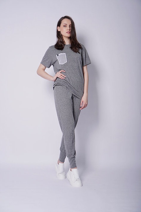 Tricou cu buzunar decorativ din plasa, Poliester/Bumbac, Gri, 36 EU