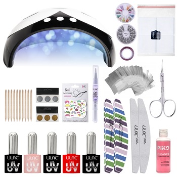Kit unghii Lilac Premium, cu oja semipermanenta Lilac, baza, top, pile, lampa uv led Penguin 36 W, accesorii Kit unghii Lilac Premium, cu oja semipermanenta Lilac, baza, top, pile, lampa uv led Penguin 36 W, accesorii