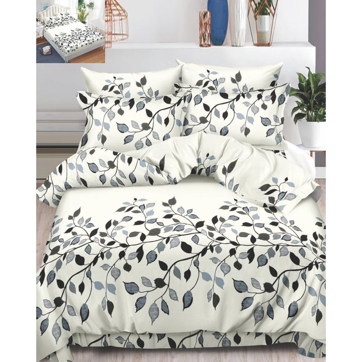 Set Lenjerie Finet, Cearceaf de Pat cu Elastic, 6 Piese, Pat 2 Persoane, Grey Flowers