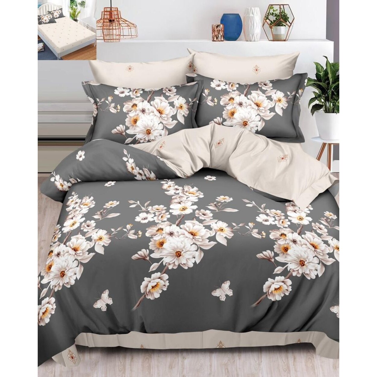 Set Lenjerie Finet, Cearceaf de Pat cu Elastic, 6 Piese, Pat 2 Persoane, White Flowers
