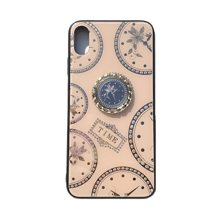 Husa cu pietricele si inel model TIME compatibila cu iPhone XS Max, Auriu