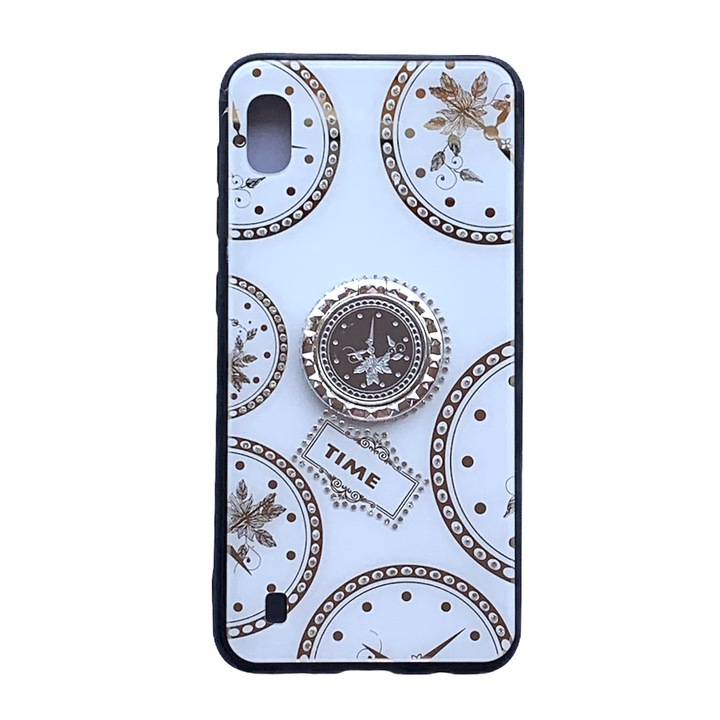 Husa cu pietricele si inel model TIME compatibila cu Samsung Galaxy A10, Alb