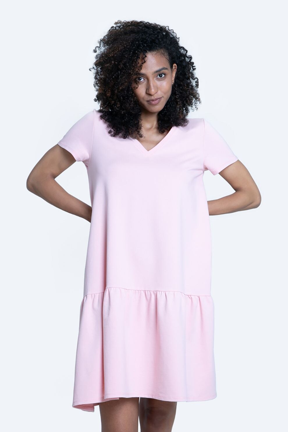 Big Star, Rochie cu decolteu in V si terminatie evzata, Roz pastel