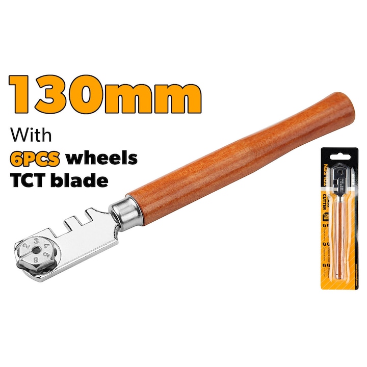 Dispozitiv taiere sticla TOLSEN 130mm, lama cu 6 roti pentru taieturi precise, maner din lemn, finisaj crom, ideal pentru sticla subtire si aplicatii delicate in atelier sau constructii