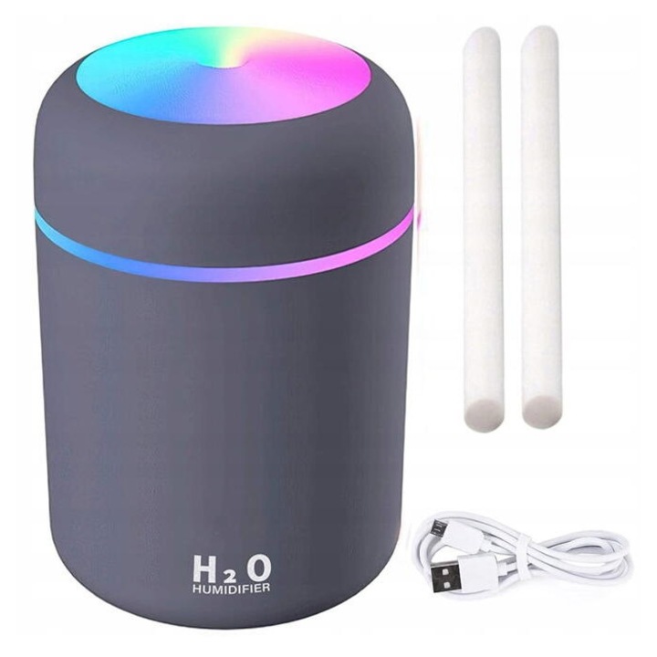 Umidificator de aer cu Difuzor aromaterapie pentru casa, birou si masina, 300ML, Gri