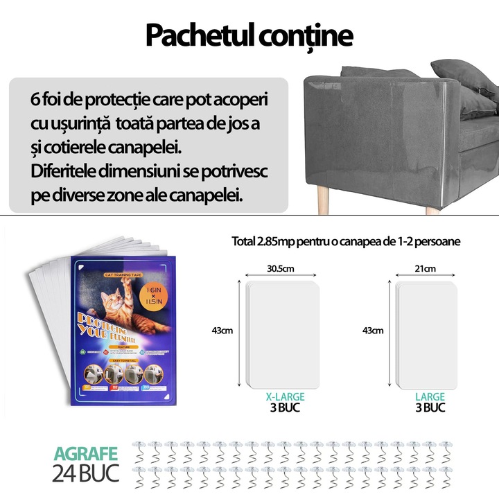 Set 6 Folii Protectie Impotriva Zgarieturilor de Pisici si Caini pentru Obiecte din Lemn sau Material Textil, Pat, Canapea, Scaun, Usa, Covor, Polietilena Autoadeziva, Rezistenta la Apa, 24 agrafe, Transparent