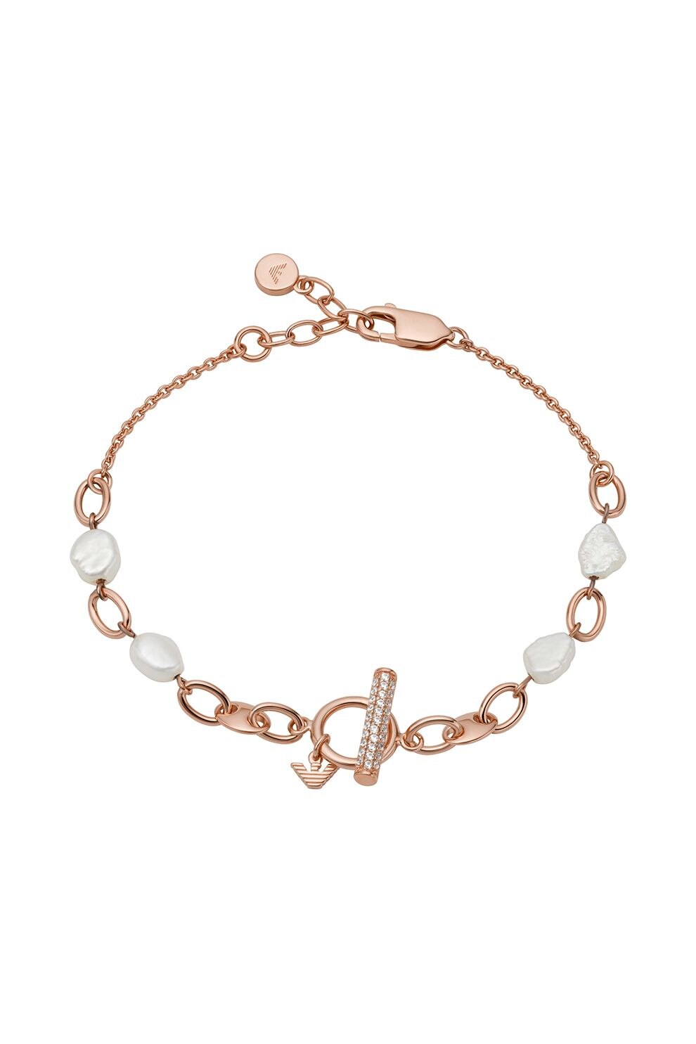 Emporio Armani, Bratara de argint veritabil cu perle T-Bar, Auriu rose