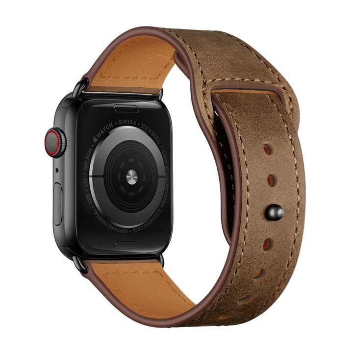 Természetes bőr szíj, Apple Watchhoz 7/6/5/4/3/2/1, Kompatibilis minden 38 mm-es kijelzővel rendelkező alma órához, M/L méret, Gesztenye szín