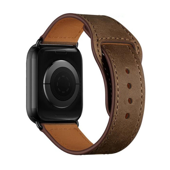 Természetes bőr szíj, Apple Watchhoz 7/6/5/4/3/2/1, Kompatibilis minden 38 mm-es kijelzővel rendelkező alma órához, M/L méret, Gesztenye szín