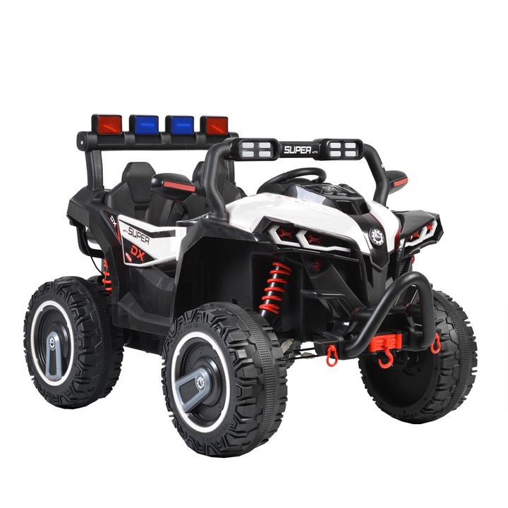 Електрическа кола с батерия за деца NOVOKIDS Super Beasty Buggy UTV, 2 места, С ярки фарове, Дистанционно управление, 3-9 години, Макс. 30 кг, 12V, Mp3/USB, 2 скорости, Дължина 132 см, Offroad модел, Бял/черен
