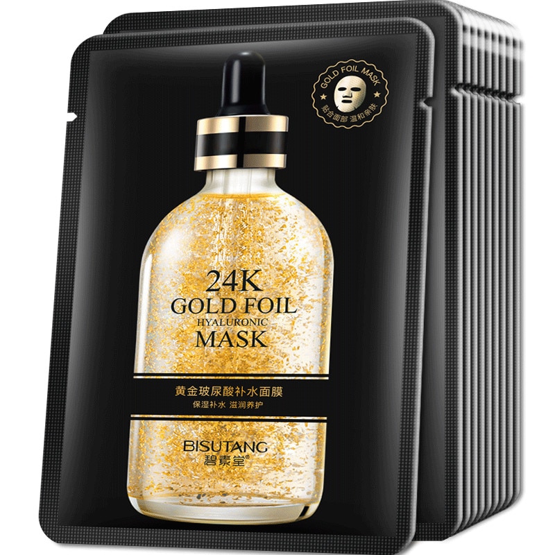 Set de 10 masti de fata cosmetice tip servetel, Bisutang 24K Gold, pe baza de acid hialuronic si aur de 24K