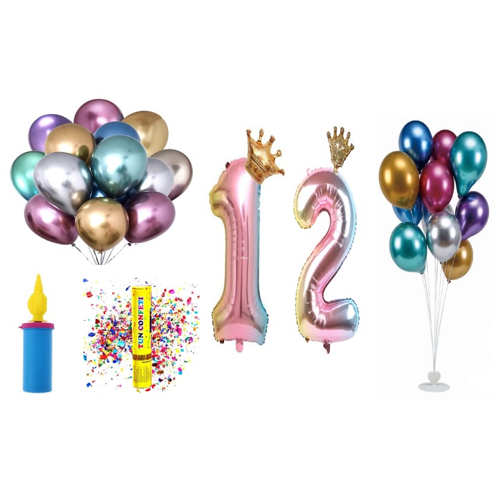 Születésnapi lufi készlet, 12 éves, tarka koronás modell, 60 db