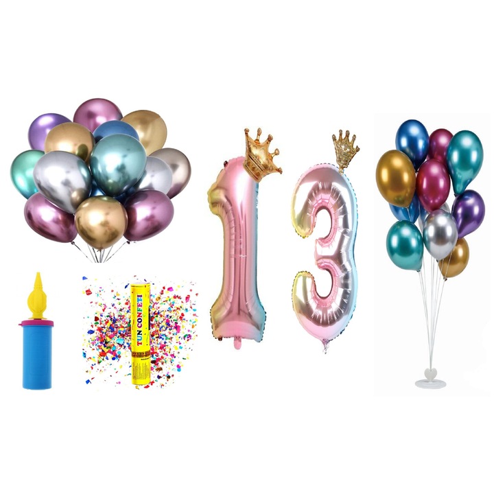 OEM Születésnapi lufi készlet, 13 éves, koronás díszítés, 60 db, színes