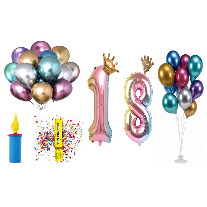 OEM születésnapi lufi készlet, 60db, 18. éves, színes modell koronával