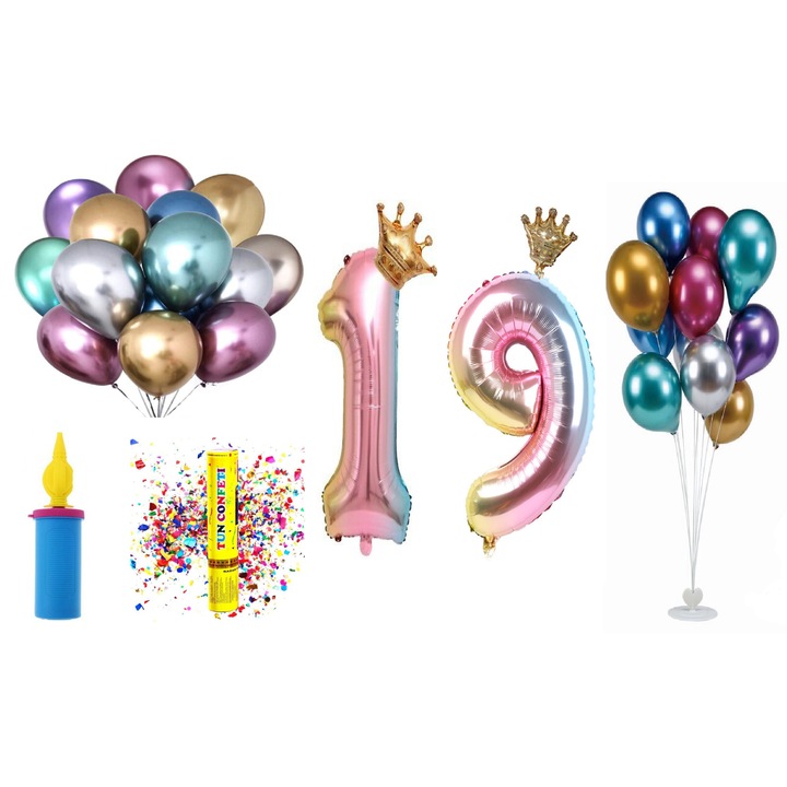 Születésnapi lufi készlet, 19 éves, tarka koronás modell, 60 db