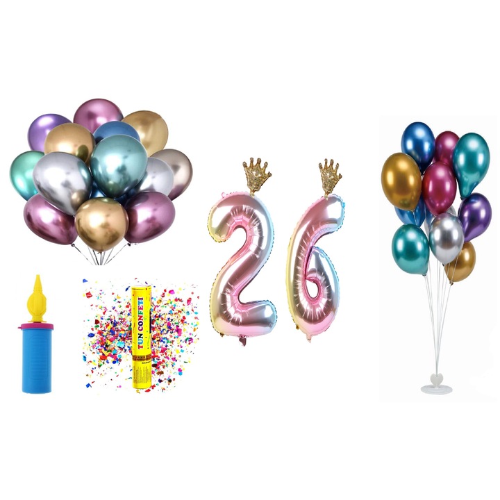 Születésnapi lufi szett, 26 év, tarka koronás modell, 60 db