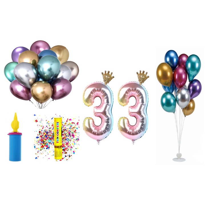 Születésnapi lufi készlet, 33 év, tarka koronás modell, 60 db