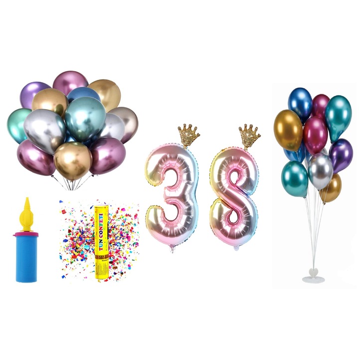 Születésnapi lufi szett, 38 év, tarka koronás modell, 60 db