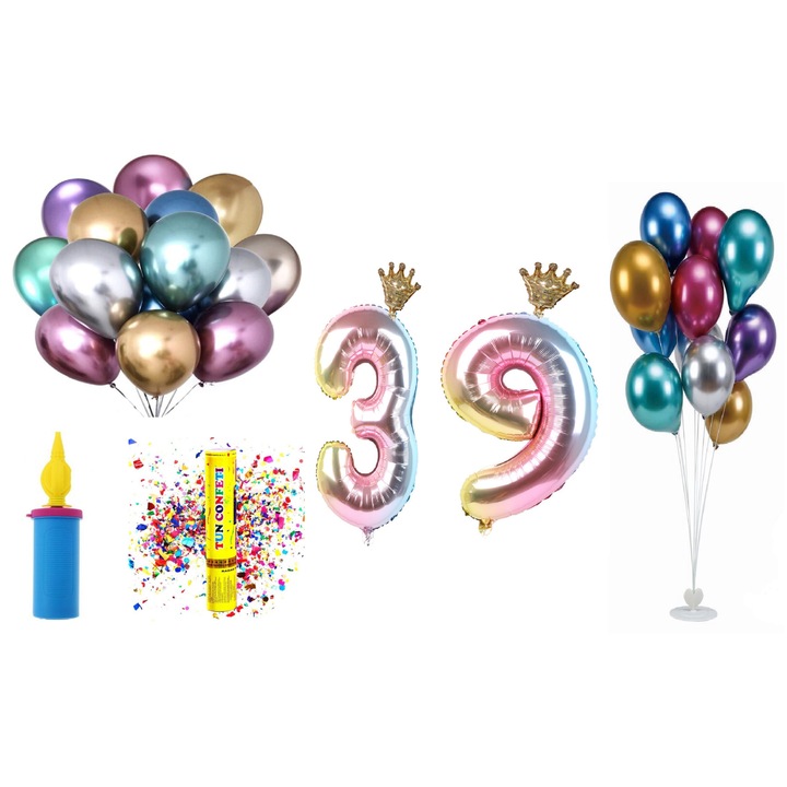 Születésnapi lufi szett, 39 év, tarka koronás modell, 60 db