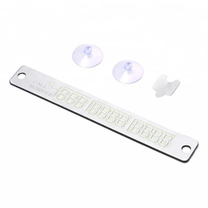 Placa numar telefon fosforescent pentru parcare temporara argintiu cu ventuze