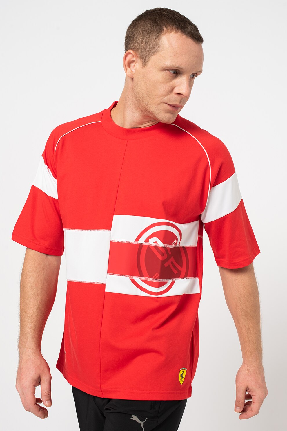 Puma, Tricou cu decolteu la baza gatului si imprimeu, Rosu/Alb, S
