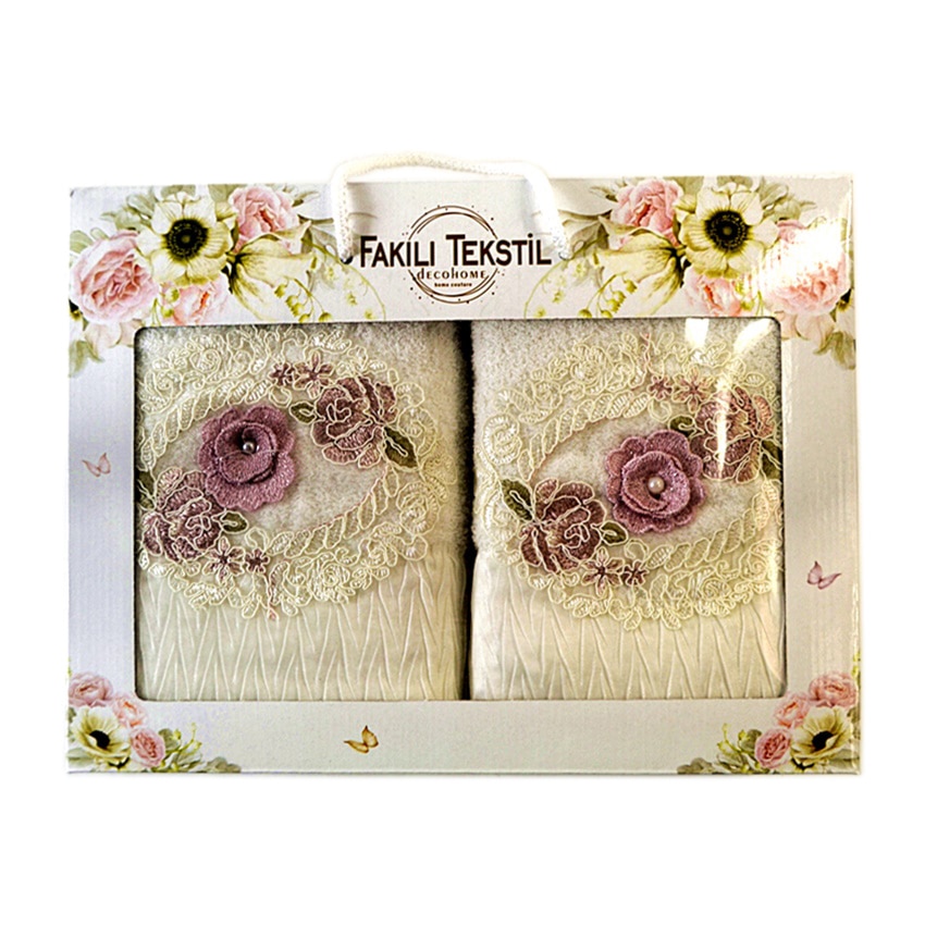 Set 2 prosoape de baie, cu ornamente 3D cusute si lipite, 100% bumbac 50 x 90 cm, 70 x 140 cm