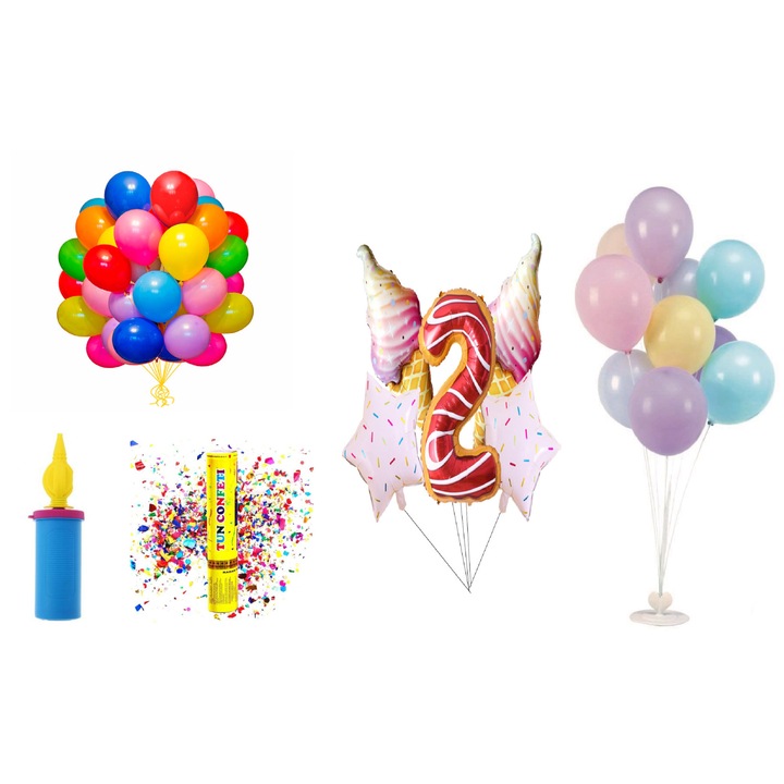 Születésnapi lufi készlet, 2 éves, fánkos modell, 65 db