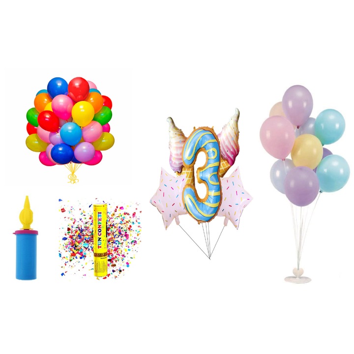 Születésnapi lufi szett, 3 éves, fánkos modell, 65 db