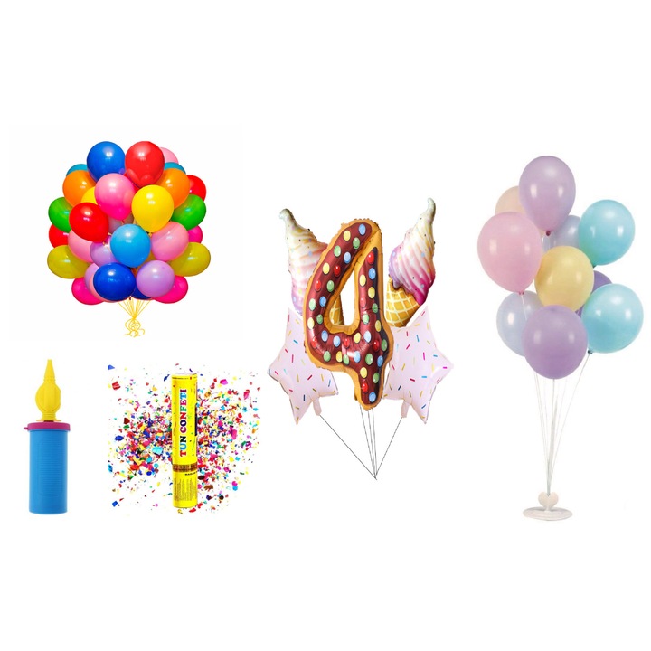 Születésnapi lufi készlet, 4 év, fánk modell, 65 db