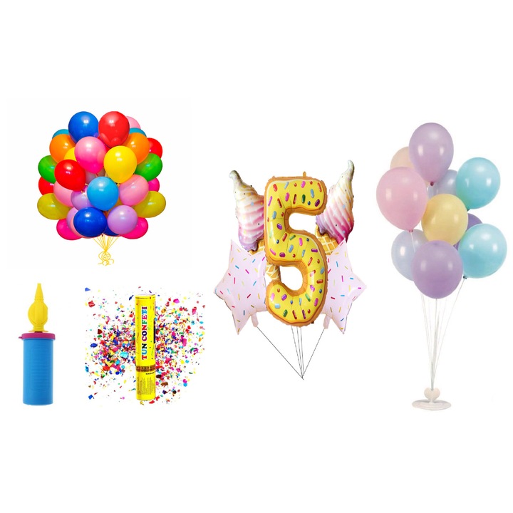 Születésnapi lufi szett, 5 éves, fánkos modell, 65 db