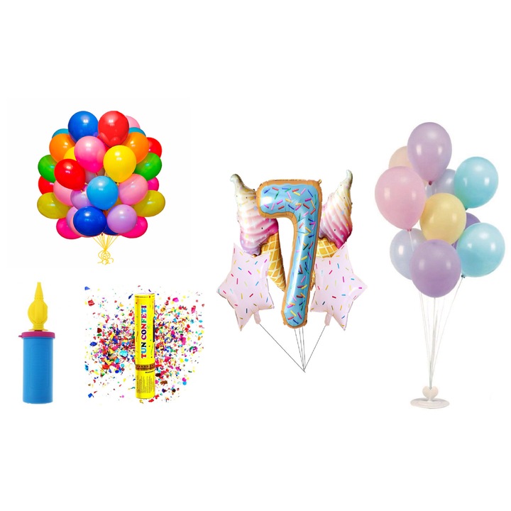 Születésnapi lufi szett, 7 éves, fánkos modell, 65 db