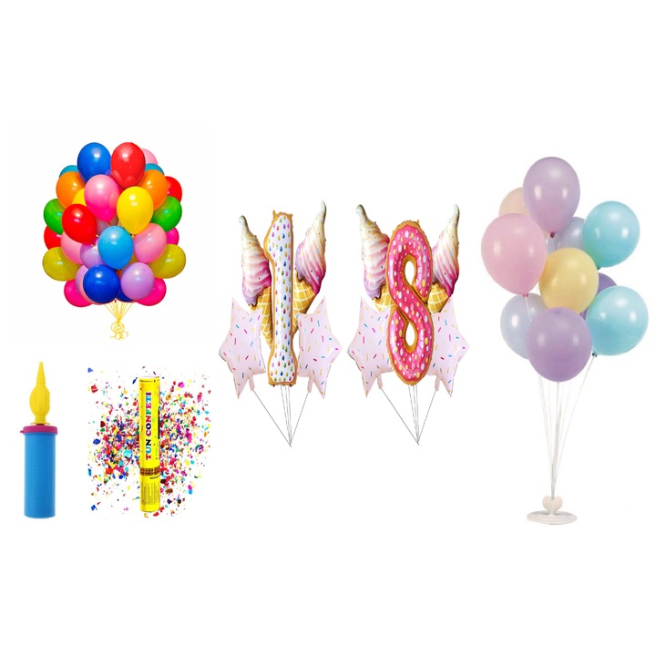 Születésnapi lufi szett, 18 éves, fánkos modell, 65 db