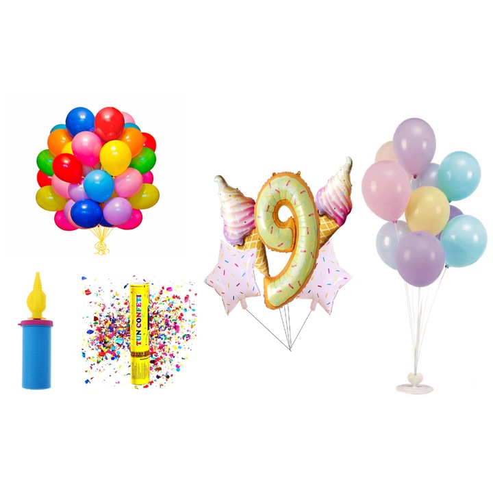 Születésnapi lufi készlet, 9 éves, fánkos modell, 65 db