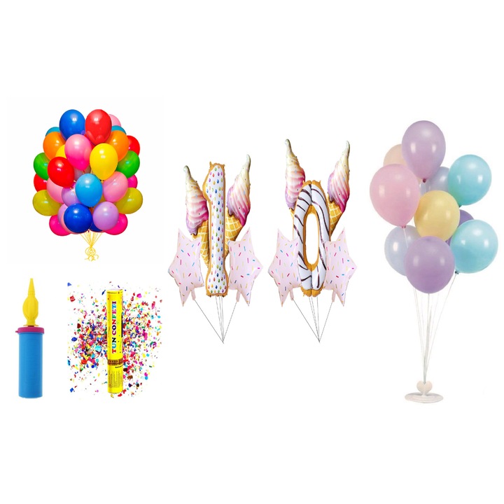 Születésnapi lufi készlet, 10 éves, fánk modell, 65 db