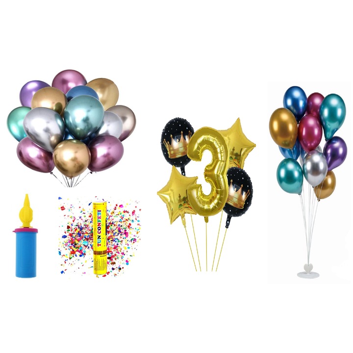 Születésnapi lufi készlet, 3 év, arany, 65 db