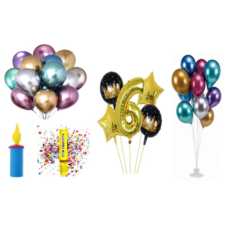 Születésnapi lufi készlet, 6 év, arany, 65 db