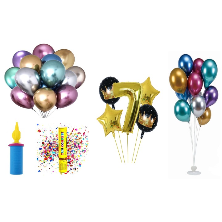 Születésnapi lufi készlet, 7 év, arany, 65 db