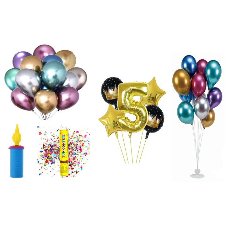 Születésnapi lufi szett, 5 év, arany, 65 db