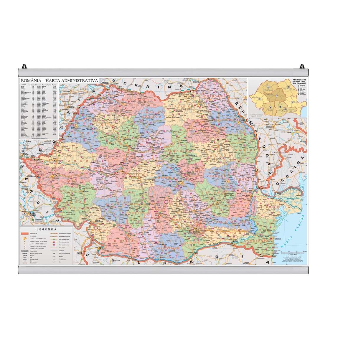 Harta de perete Romania Administrativa, STIEFEL, printata pe material textil, cu rame de aluminiu, 150 x 100 cm