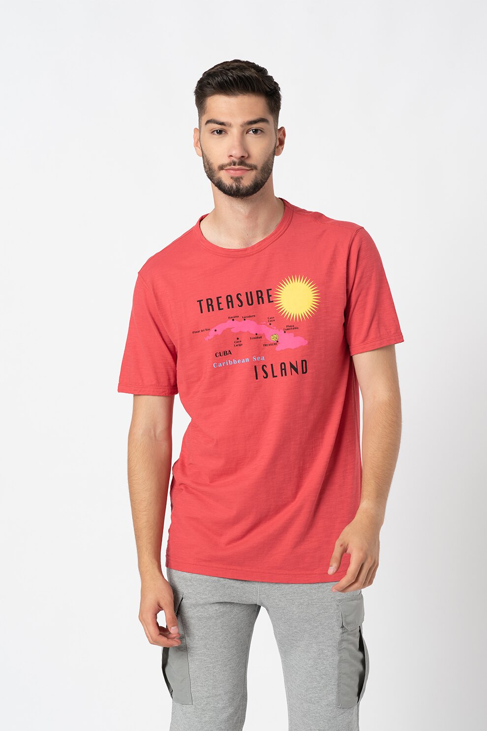 United Colors of Benetton, Tricou din bumbac cu imprimeu Tobacco Road, Rosu/Negru/Galben