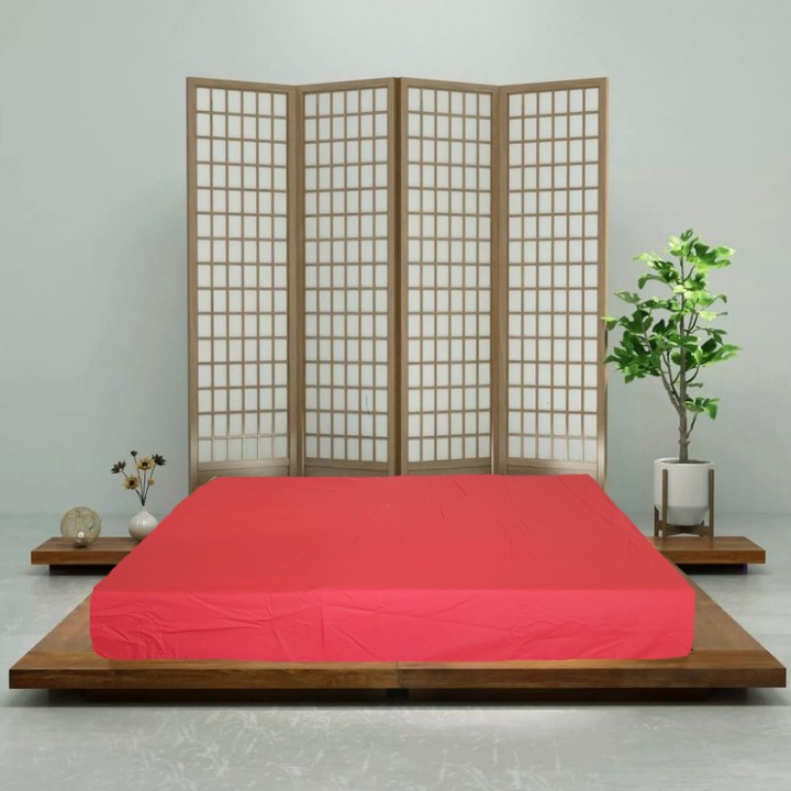 Set 2 bucati Cearsaf de pat cu elastic Kotonia Home, 100% bumbac, Ranforce, 90x200+20 cm, rosu
