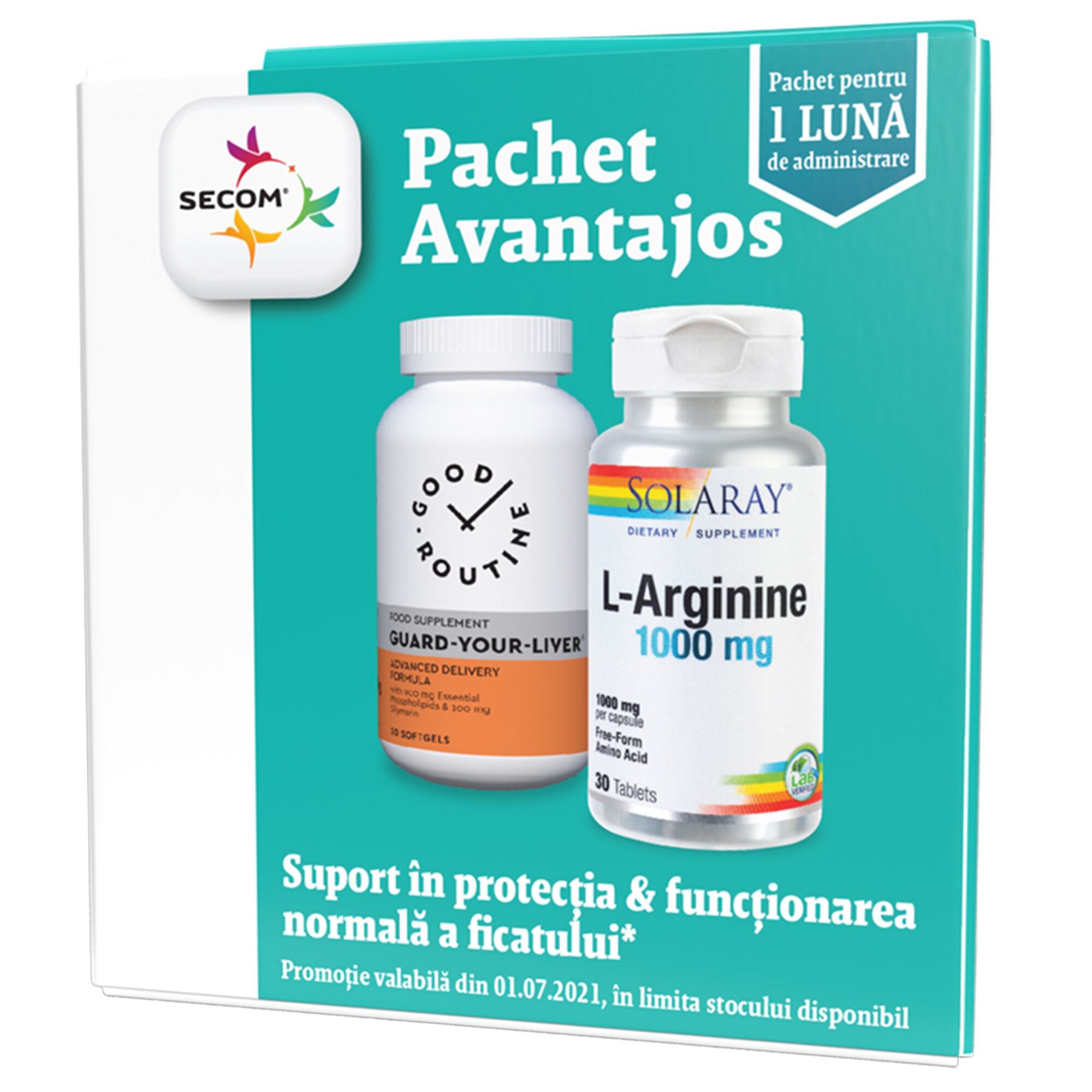 Pachet L-Arginine 1000mg RapidSolv Solaray, 30 tablete + Guard Your Liver Good Routine, 30 capsule, Secom